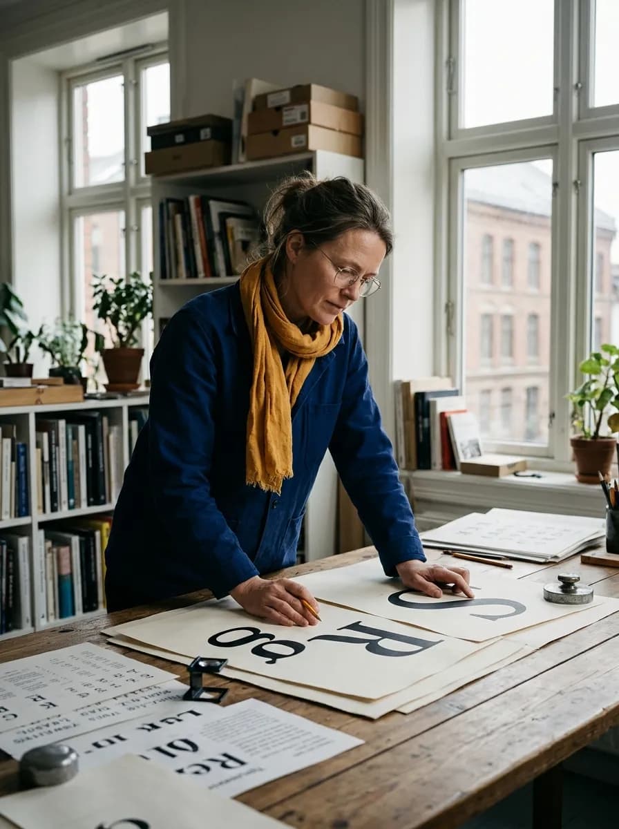 A type designer leaning over printed letterform proofs in her studio, seen through the Aliquot mark